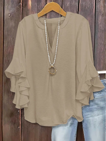 🔥V-Neck Plus-Size Women's Loose-Fit Casual Ruffled Three-Quarter-Sleeve Shirt