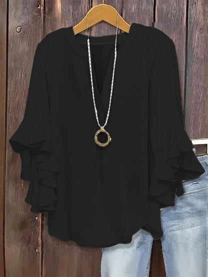 🔥V-Neck Plus-Size Women's Loose-Fit Casual Ruffled Three-Quarter-Sleeve Shirt