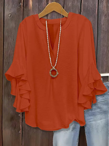 🔥V-Neck Plus-Size Women's Loose-Fit Casual Ruffled Three-Quarter-Sleeve Shirt